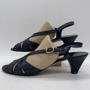 Vintage Amalfi Womens 9.5 SS Heels Dainty Black Open Toe Slingback Leather Italy